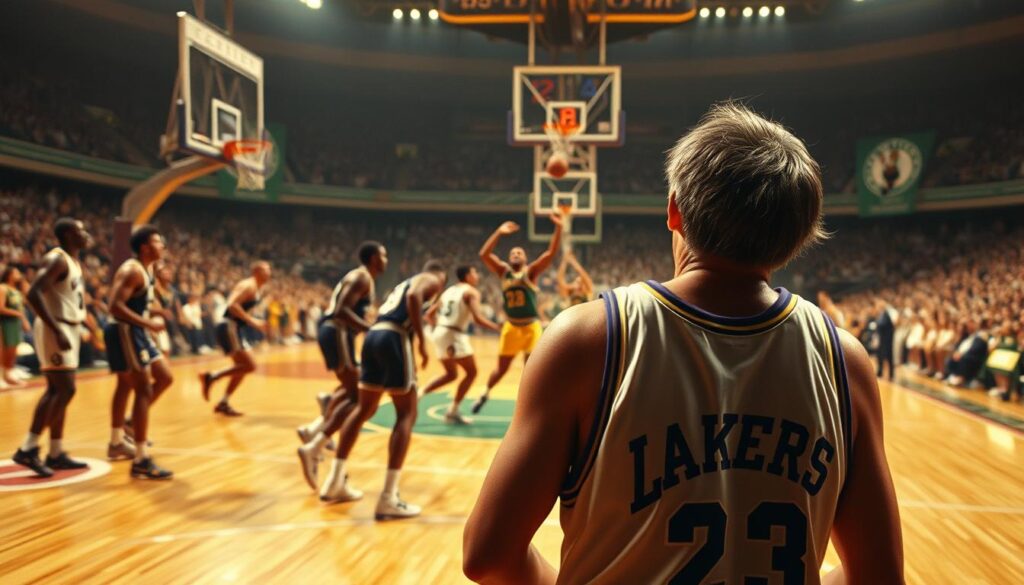 A dramatic NBA Finals rivalry scene unfolds on a hardwood court, illuminated by warm, dramatic lighting. In the foreground, a dejected Jerry West stands with head bowed, his Lakers jersey tattered, as the victorious Boston Celtics players celebrate around him. In the middle ground, the players clash in an intense, high-stakes game, the ball arcing through the air. In the background, the iconic Boston Garden stadium looms, its classic architecture framing the action. The atmosphere is charged with the tension and emotion of a decisive Game 7, capturing the heart-wrenching disappointment of the Lakers' narrow defeat.