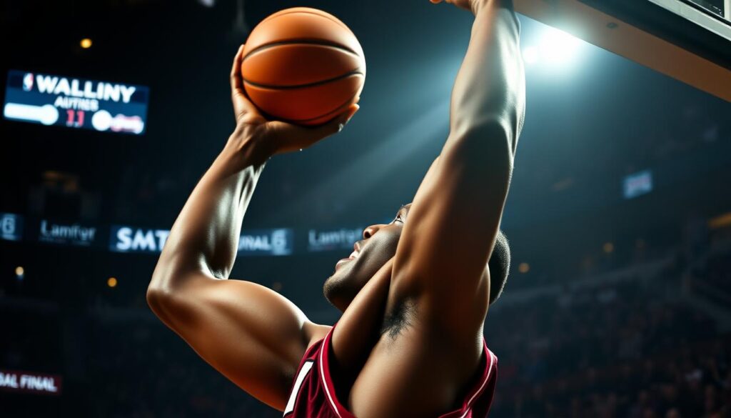 A dramatic close-up of Ray Allen as he rises up and drains a clutch corner three-pointer during the 2013 NBA Finals Game 6. Intense focus etched on his face, muscles straining, the ball arcing gracefully through the air against a backdrop of a darkened arena. Dramatic backlighting illuminates Allen's silhouette, casting dramatic shadows and highlighting the tension of the moment. The crowd erupts in a roar of excitement, their faces a blur of emotion in the periphery. Capture the electricity and high stakes of this historic, game-saving shot that kept the Miami Heat's championship hopes alive. A dramatic close-up of Ray Allen as he rises up and drains a clutch corner three-pointer during the 2013 NBA Finals Game 6. Intense focus etched on his face, muscles straining, the ball arcing gracefully through the air against a backdrop of a darkened arena. Dramatic backlighting illuminates Allen's silhouette, casting dramatic shadows and highlighting the tension of the moment. The crowd erupts in a roar of excitement, their faces a blur of emotion in the periphery. Capture the electricity and high stakes of this historic, game-saving shot that kept the Miami Heat's championship hopes alive.