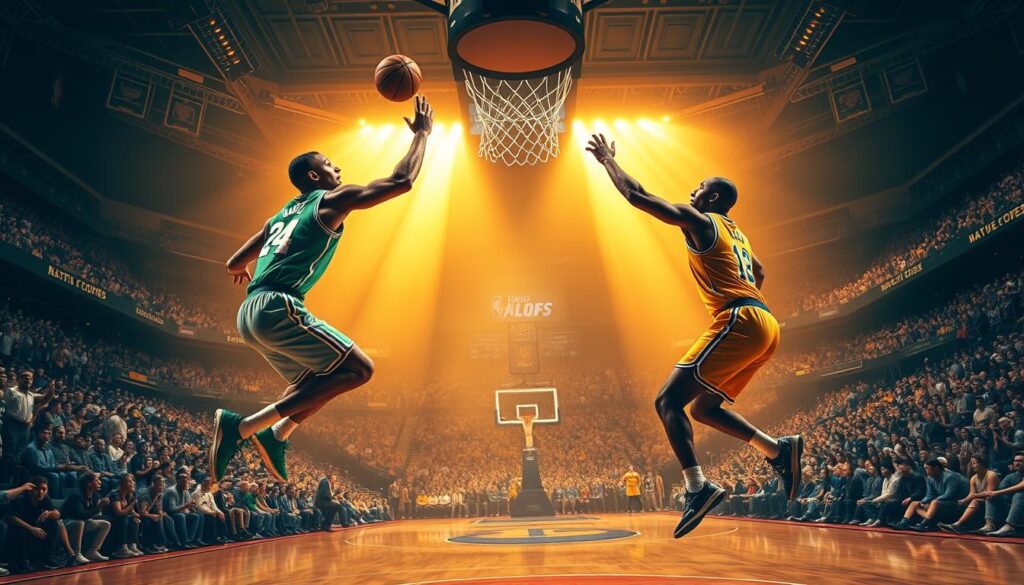 A dramatic, high-intensity basketball game set in a historic arena, capturing the legendary matchup between the Boston Celtics and Los Angeles Lakers. In the foreground, two iconic players engage in a heated one-on-one duel, their bodies frozen in mid-air, muscles straining as they battle for possession of the ball. The middle ground showcases the packed stadium, filled with roaring fans dressed in team colors, creating an electric atmosphere. The background features the ornate, vintage architecture of the arena, bathed in warm, golden lighting that casts long shadows across the court. The overall scene conveys the epic nature of this historic NBA playoff clash, a true clash of titans that has captivated basketball fans for generations.