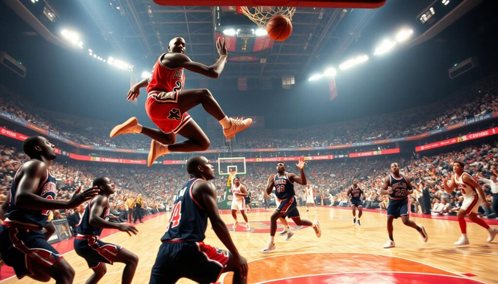 A dynamic basketball game scene during the 1991 NBA Finals, capturing the intense rivalry between the Chicago Bulls and Detroit Pistons. In the foreground, Michael Jordan soars through the air, ball in hand, his expression determined as he attacks the basket. The Pistons' defense, led by their physical frontcourt players, attempts to contain him. In the middle ground, the court is a blur of motion, with players from both teams engaged in a hard-fought battle. The background features the iconic Chicago Stadium, its towering architecture and passionate crowd creating an electric atmosphere. Dramatic lighting and a cinematic camera angle emphasize the high-stakes drama and the passing of the torch from the Pistons' "Bad Boys" dynasty to the Bulls' emerging dynasty.