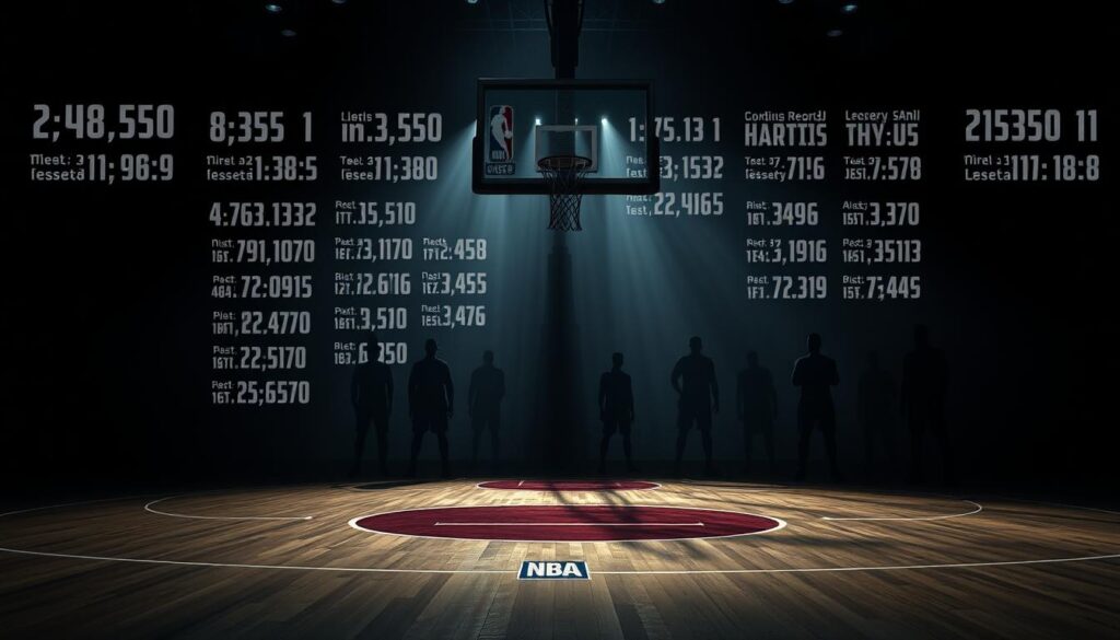 A stark, dramatic basketball court illuminated by dramatic lighting, with an array of NBA player statistics and records floating in the foreground. Shadowy figures representing iconic players from throughout history stand in the background, their silhouettes hinting at the extraordinary feats that have defined the sport. The court's surface reflects the light, creating a sense of depth and ethereal atmosphere. The overall composition conveys the captivating oddities and remarkable achievements that have become part of the NBA's enduring legacy. A stark, dramatic basketball court illuminated by dramatic lighting, with an array of NBA player statistics and records floating in the foreground. Shadowy figures representing iconic players from throughout history stand in the background, their silhouettes hinting at the extraordinary feats that have defined the sport. The court's surface reflects the light, creating a sense of depth and ethereal atmosphere. The overall composition conveys the captivating oddities and remarkable achievements that have become part of the NBA's enduring legacy.