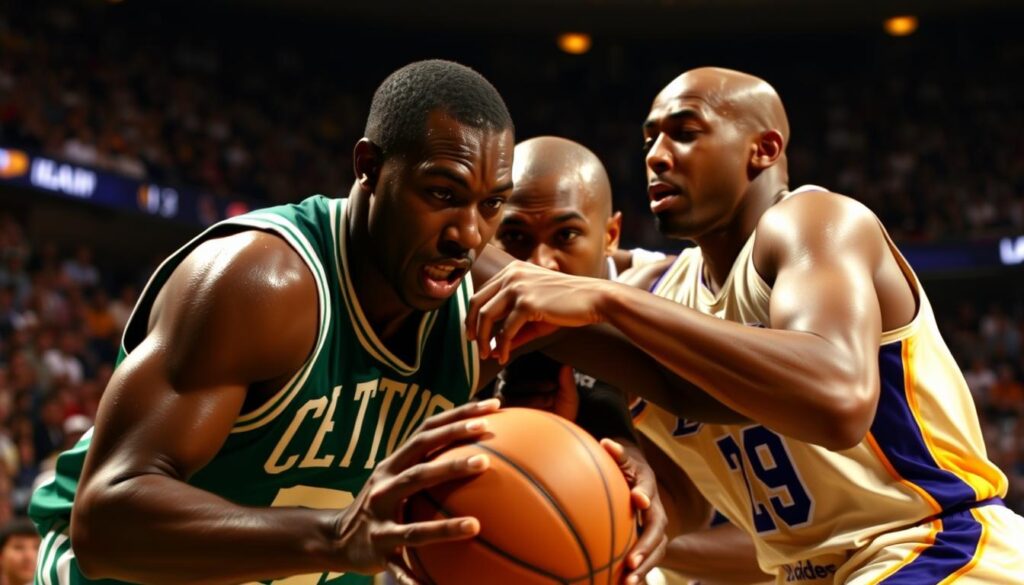 A tense, dramatic moment from the 2010 NBA Finals Game 7 between the Boston Celtics and Los Angeles Lakers. The players are frozen in a high-intensity action pose, their faces etched with determination. Sweat glistens on their skin as they battle for possession of the ball. The arena is bathed in a warm, golden light, creating a sense of cinematic intensity. The crowd is a blur of energy in the background, heightening the feeling of high-stakes competition. The image conveys the fierce rivalry, the unrelenting drive to win, and the sheer drama of this legendary matchup between basketball's greatest franchises.