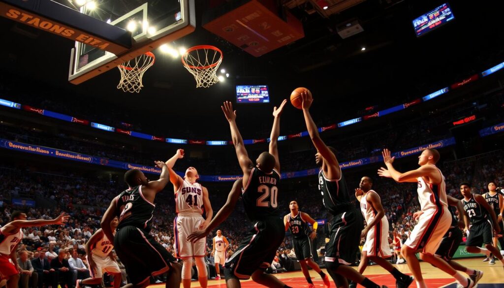 A tense, high-energy basketball game unfolds in a packed arena, with the 2006 Phoenix Suns and New Jersey Nets battling it out in a double-overtime thriller. The court is illuminated by dramatic, cinematic lighting, casting dynamic shadows and highlights on the players as they drive to the basket, jump for rebounds, and make last-second shots. The camera angle captures the tension and drama of the moment, focused on the players' faces and the ball arcing through the air towards the hoop as the clock winds down. An air of electricity and anticipation permeates the scene, reflecting the significance of this regular season showdown between two elite NBA teams. A tense, high-energy basketball game unfolds in a packed arena, with the 2006 Phoenix Suns and New Jersey Nets battling it out in a double-overtime thriller. The court is illuminated by dramatic, cinematic lighting, casting dynamic shadows and highlights on the players as they drive to the basket, jump for rebounds, and make last-second shots. The camera angle captures the tension and drama of the moment, focused on the players' faces and the ball arcing through the air towards the hoop as the clock winds down. An air of electricity and anticipation permeates the scene, reflecting the significance of this regular season showdown between two elite NBA teams.