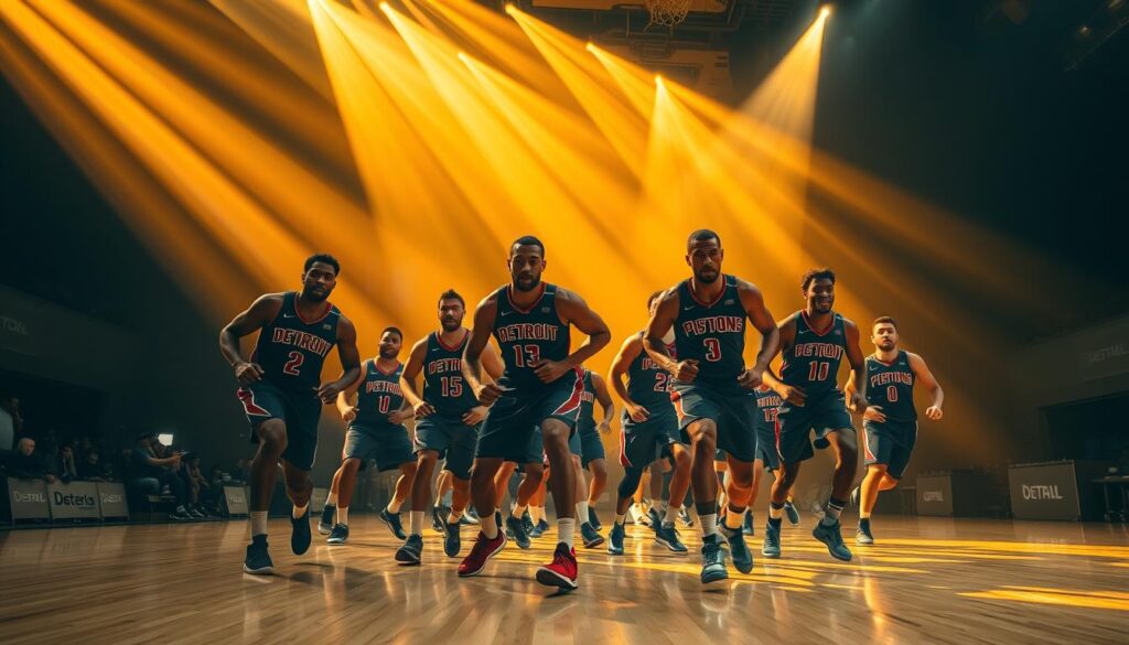 A tense, modern basketball court with the Detroit Pistons defense in action. The players move in a tight, synchronized formation, their bodies tensed and alert. Beams of golden light illuminate the scene, casting dramatic shadows and highlighting the players' intense expressions. The camera angle is low, capturing the players' powerful movements from an immersive, court-level perspective. The atmosphere is one of strategic intensity, hinting at the long-standing rivalry between the Pistons and their opponents. Subtle details, such as the polished wood floor and the team's signature colors, further ground the image in the context of professional basketball.