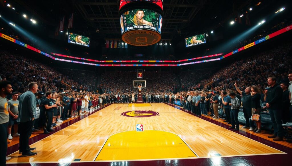 Dramatic game night in an NBA arena, the 2016 NBA Finals Game 7 between the Cleveland Cavaliers and the Golden State Warriors. The court is illuminated by bright, dramatic lighting, casting long shadows on the hardwood. On the sidelines, the tense expressions of players and coaches capture the high-stakes moments of the final minutes. In the stands, the roaring crowd creates an electric atmosphere of anticipation. The camera angle is low, emphasizing the towering players and the intensity of the action unfolding. The overall mood is one of high-stakes, hard-fought competition, with the Cavaliers seeking redemption and the Warriors pursuing revenge in this unforgettable decider.