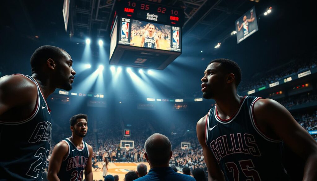 Iconic NBA playoff games unfold on a grand stage, captured by cinematic lenses. The foreground features basketball legends locked in intense competition, their expressions conveying the gravity of the moment. The middle ground showcases the electric atmosphere of the arena, spectators frozen in time, their faces alight with anticipation. In the background, looming shadows and dramatic lighting create a sense of historic significance, as if the very walls of the stadium bear witness to these transformative showdowns. Transcendent moments that reshape the sport's narrative, frozen in time, begging to be relived through vivid, evocative imagery.