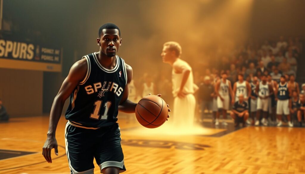 A basketball court in a classic hardwood style, bathed in warm, golden lighting. In the foreground, a player in a vintage Spurs jersey dribbles the ball, his movements fluid and precise. Behind him, a ghostly image of another player emerges, representing the passing of the torch across generations. In the background, a montage of players in different eras, each contributing to the team's unique identity and culture. The scene conveys a sense of timeless tradition, innovation, and the unifying spirit that has defined the Spurs' dynasty. A basketball court in a classic hardwood style, bathed in warm, golden lighting. In the foreground, a player in a vintage Spurs jersey dribbles the ball, his movements fluid and precise. Behind him, a ghostly image of another player emerges, representing the passing of the torch across generations. In the background, a montage of players in different eras, each contributing to the team's unique identity and culture. The scene conveys a sense of timeless tradition, innovation, and the unifying spirit that has defined the Spurs' dynasty.