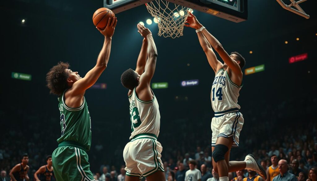A classic basketball court, dimly lit, with the game-winning moments of the Celtics-Lakers rivalry playing out in vivid detail. In the foreground, two players in iconic jerseys leap for a crucial rebound, their faces etched with determination. In the middle ground, fans in the packed stadium stands erupt in a frenzy, their expressions caught in a moment of sheer intensity. The background is a blur of flashing lights and the hazy glow of the arena, creating an atmosphere of high-stakes excitement. The image captures the essence of this storied clash, the clash that defined an era of NBA greatness.