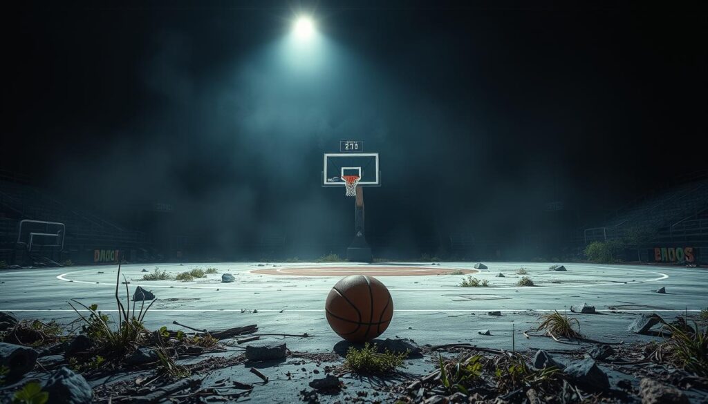 A desolate basketball court lies in ruin, surrounded by a graveyard of shattered dreams and abandoned hopes. In the foreground, a lone basketball rests among crumbling concrete and overgrown weeds, a haunting symbol of the challenges and setbacks that have plagued NBA teams in their attempts to rebuild. The mid-ground is dominated by a shadowy, weathered scoreboard, its once-bright lights now dimmed, a testament to the ebb and flow of success and failure. The background is shrouded in a moody, atmospheric haze, lending a sense of melancholy and uncertainty to the scene. Overhead, a single spotlight casts a haunting glow, illuminating the desolation and the hard-earned lessons that come with the NBA's rebuilding process. A desolate basketball court lies in ruin, surrounded by a graveyard of shattered dreams and abandoned hopes. In the foreground, a lone basketball rests among crumbling concrete and overgrown weeds, a haunting symbol of the challenges and setbacks that have plagued NBA teams in their attempts to rebuild. The mid-ground is dominated by a shadowy, weathered scoreboard, its once-bright lights now dimmed, a testament to the ebb and flow of success and failure. The background is shrouded in a moody, atmospheric haze, lending a sense of melancholy and uncertainty to the scene. Overhead, a single spotlight casts a haunting glow, illuminating the desolation and the hard-earned lessons that come with the NBA's rebuilding process.