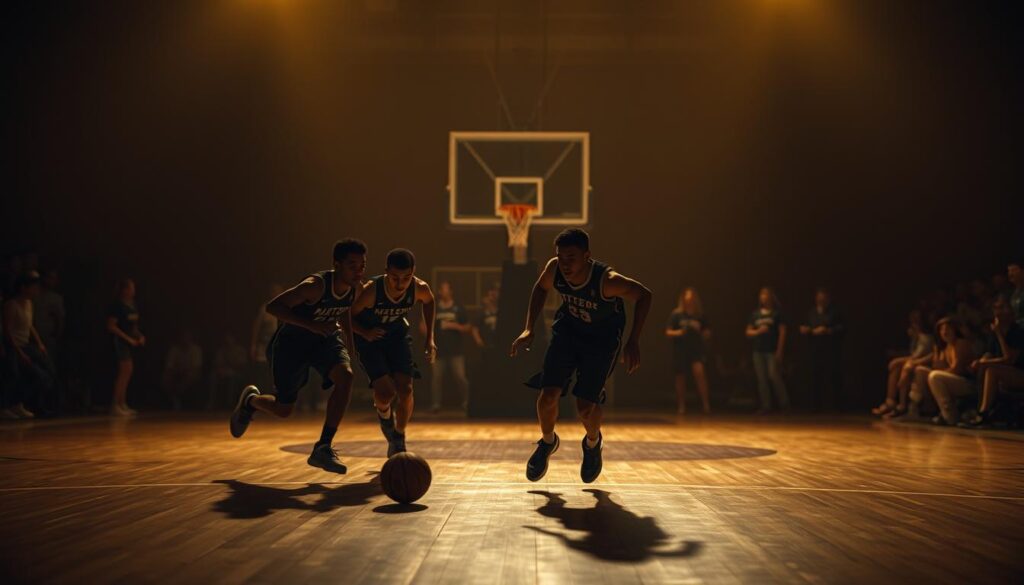A dimly lit basketball court, the shadows of role players moving swiftly across the hardwood. The scene is bathed in a warm, golden glow, casting a sense of quiet heroism. In the foreground, a trio of unsung players hustle for a loose ball, their faces determined, bodies in perfect sync. In the middle ground, a screen is set, an unseen superstar readies to receive the pass. The background fades into a blurred crowd, their cheers muted, the focus entirely on the unheralded contributions of these modern-day unsung heroes.