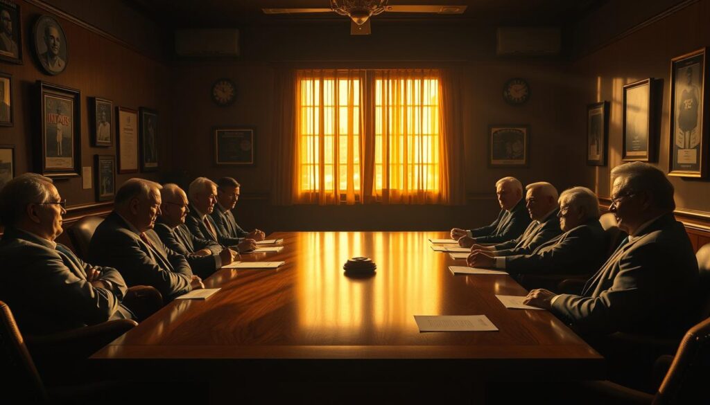 A dimly lit conference room, the walls adorned with Hall of Fame memorabilia. At the center, a panel of distinguished basketball legends sits around a long, polished oak table, deep in discussion. Rays of warm, golden light filter through the windows, casting a reverent glow over the proceedings. The panelists, their faces etched with concentration, meticulously review player statistics, game footage, and personal histories, debating the merits of each nominee. An air of anticipation and respect permeates the scene, as the future Hall of Famers are carefully selected to join the pantheon of the sport's greatest icons.
