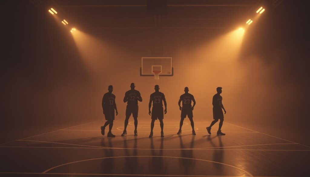 A dimly lit, retro-styled basketball court fades into the background, its once-vibrant colors now muted. In the foreground, ghostly silhouettes of NBA players drift, their identities obscured, representing the forgotten franchises that have vanished from the league over the years. A sepia-toned haze fills the scene, evoking a sense of nostalgia and the passage of time. The court's edges are blurred, drawing the viewer's attention to the central figures, who seem to be spectral reminders of the sport's rich history. Soft, diffused lighting casts long shadows, adding depth and a sense of melancholy to the composition. A dimly lit, retro-styled basketball court fades into the background, its once-vibrant colors now muted. In the foreground, ghostly silhouettes of NBA players drift, their identities obscured, representing the forgotten franchises that have vanished from the league over the years. A sepia-toned haze fills the scene, evoking a sense of nostalgia and the passage of time. The court's edges are blurred, drawing the viewer's attention to the central figures, who seem to be spectral reminders of the sport's rich history. Soft, diffused lighting casts long shadows, adding depth and a sense of melancholy to the composition.