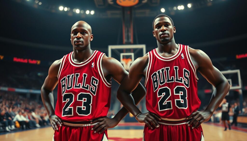 A dynamic duo of basketball legends, Michael Jordan and Scottie Pippen, command the court in a cinematic wide-angle shot. Clad in iconic Chicago Bulls uniforms, their powerful poses exude an aura of dominance and camaraderie. Dramatic lighting casts shadows that accentuate their muscular forms, creating a sense of intensity and drama. The background fades into a blurred arena, placing the focus entirely on the two superstars as they embody the essence of the Bulls' championship dynasty of the 1990s.