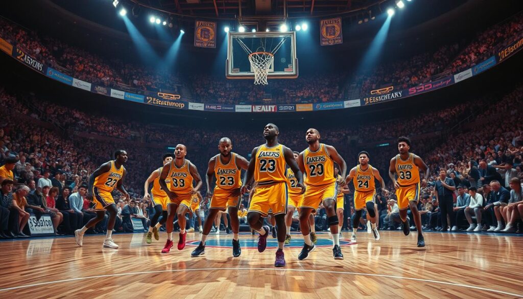 A dynamic, high-energy basketball court set in the iconic '80s era. In the foreground, the legendary Lakers squad dominates the game, their signature fast-paced "Showtime" offense on full display. Earthy tones and vibrant hues fill the scene, evoking the nostalgic atmosphere of the decade. The players' jerseys shimmer under dramatic, cinematic lighting, casting dynamic shadows across the hardwood. In the background, a packed stadium overflows with enthusiastic fans, their cheers and energy palpable. The composition captures the unstoppable momentum and sheer dominance of the '80s Lakers dynasty, a true embodiment of basketball excellence and entertainment.