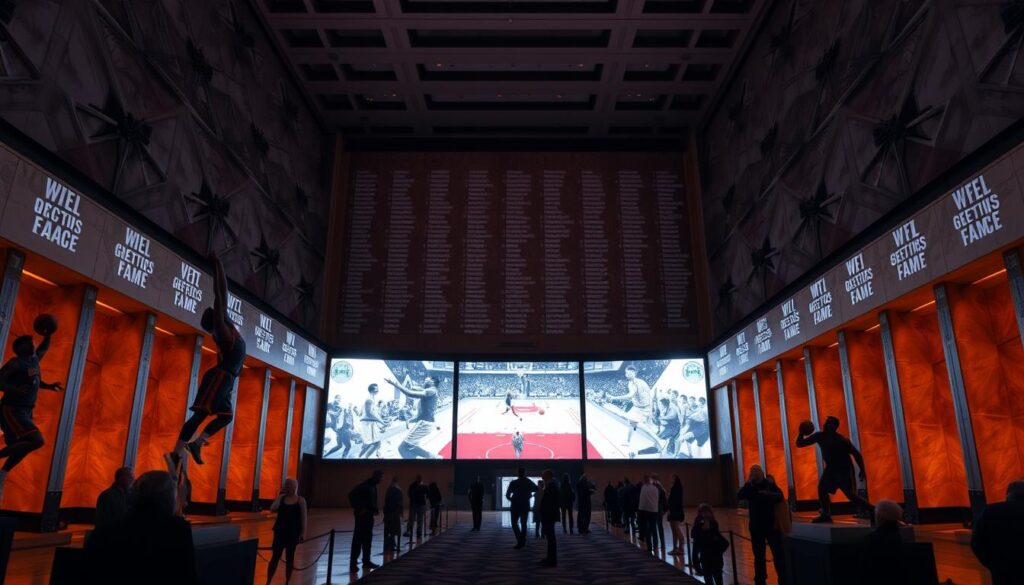 A grand hall of fame, illuminated by soft, warm lighting, showcases the storied careers of basketball's greatest players. In the foreground, lifelike statues capture iconic moments - a player soaring for a slam dunk, another diving for a game-winning shot. In the middle ground, holographic displays project highlights, chronicling the triumphs and milestones that elevated these legends to the pantheon of the sport. The background features a towering, marble facade adorned with the names of the honored, a testament to their indelible impact on the game. An aura of reverence and inspiration permeates the space, inviting visitors to reflect on the power of dedication, skill, and the pursuit of greatness.