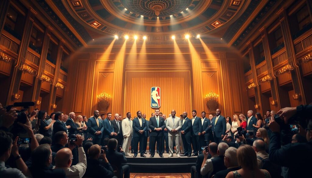 A grand, opulent hall bathed in warm, golden light. Center stage, a group of basketball legends, dressed in their finest, stand proudly as they are inducted into the hallowed halls of the NBA Hall of Fame. Cameras flash, capturing the momentous occasion as family, friends, and adoring fans look on, their faces alight with joy and reverence. The atmosphere is electric, charged with a palpable sense of history being made, as these new immortals take their rightful place among the pantheon of basketball greats. A solemn yet celebratory ceremony honoring the pinnacles of the sport, a testament to the unwavering dedication and unparalleled skill that has defined their careers.