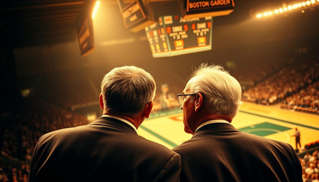 A masterful portrait showcasing the legendary partnership of Bill Russell and Red Auerbach, the dynamic duo who revolutionized the NBA. The scene depicts the two coaches standing side by side, gazing intently at the basketball court, their expressions a captivating blend of focus and determination. The lighting is warm and subdued, casting a halo-like glow around their figures, symbolizing the profound impact they had on the game. In the background, the iconic Boston Garden arena can be seen, its towering stands and parquet floor a testament to the legacy they built together. The overall atmosphere is one of reverence and respect, capturing the essence of their unparalleled leadership and the dynasty they crafted during the 1960s.