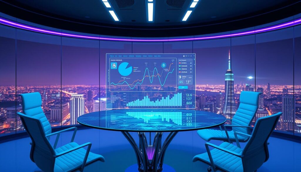 A stylish, high-tech analytics dashboard floats in a sleek, minimalist workspace. Holographic data visualizations shimmer above a glass-topped table, surrounded by sleek ergonomic chairs and a panoramic view of a modern city skyline. Cool blue and purple lighting casts an futuristic glow, while the latest AI-powered analytics software displays real-time insights on screen. The space exudes an air of cutting-edge innovation, reflecting the advanced, data-driven strategies revolutionizing the modern NBA. A stylish, high-tech analytics dashboard floats in a sleek, minimalist workspace. Holographic data visualizations shimmer above a glass-topped table, surrounded by sleek ergonomic chairs and a panoramic view of a modern city skyline. Cool blue and purple lighting casts an futuristic glow, while the latest AI-powered analytics software displays real-time insights on screen. The space exudes an air of cutting-edge innovation, reflecting the advanced, data-driven strategies revolutionizing the modern NBA.