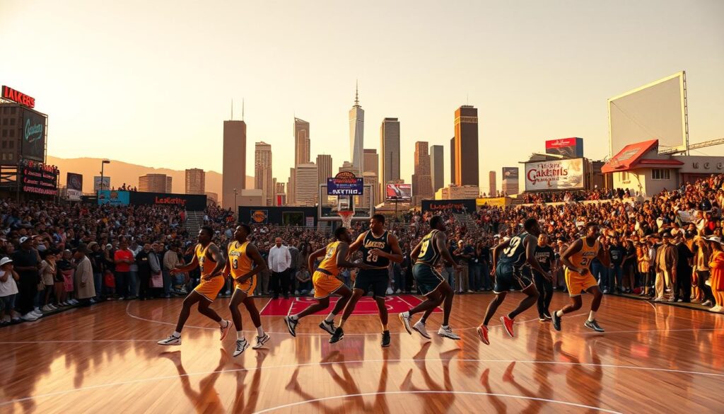 A vibrant basketball court set against the iconic Los Angeles skyline, bathed in warm golden light and filled with a crowd of passionate fans. In the foreground, a group of legendary Showtime Lakers players execute a fast-paced, high-flying sequence, their movements a blur of athleticism and grace. In the middle ground, courtside celebrities and cultural icons bask in the excitement, while the background is alive with neon signs, billboards, and the pulsing energy of the city. The scene conveys the cultural impact of the Showtime era, where basketball became intertwined with music, fashion, and the larger-than-life personality of Los Angeles.