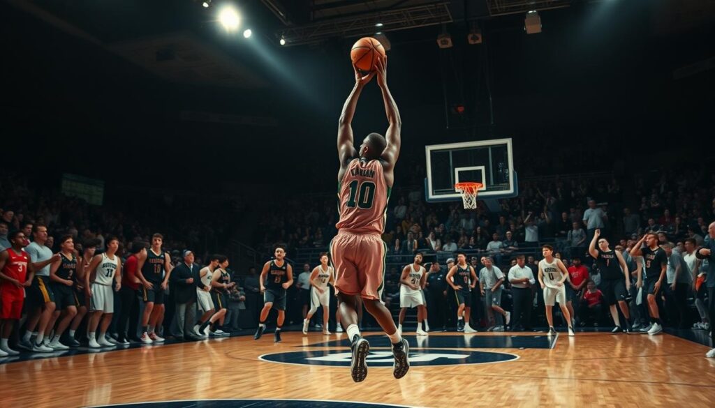 A basketball player making a clutch contribution off the bench, their sixth man mindset on full display. In the foreground, intense focus and determination as they rise up for a game-winning shot, the ball seemingly frozen mid-release. Surrounding them, a blur of motion - teammates cheering, opponents scrambling, the crowd erupting. Dramatic backlighting casts sharp shadows, heightening the tension. The court's polished wood surface reflects the action above, creating a sense of depth. The overall atmosphere is one of high-stakes drama, a game-changing moment where a reserve player seizes the spotlight through sheer will and skill. A basketball player making a clutch contribution off the bench, their sixth man mindset on full display. In the foreground, intense focus and determination as they rise up for a game-winning shot, the ball seemingly frozen mid-release. Surrounding them, a blur of motion - teammates cheering, opponents scrambling, the crowd erupting. Dramatic backlighting casts sharp shadows, heightening the tension. The court's polished wood surface reflects the action above, creating a sense of depth. The overall atmosphere is one of high-stakes drama, a game-changing moment where a reserve player seizes the spotlight through sheer will and skill.
