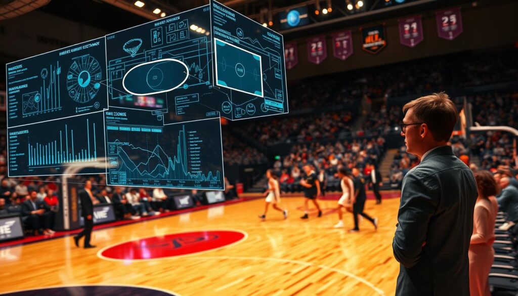 A data-driven basketball court, illuminated by a warm, focused light. In the foreground, intricate analytics visualizations hover above the hardwood, showcasing defensive strategies and player positioning. In the middle ground, coaches and analysts pore over screens, their expressions intense as they study the data. The background is a blur of motion, capturing the dynamic nature of the game, with players darting across the court, their movements analyzed and optimized. The overall atmosphere is one of precision, innovation, and the relentless pursuit of defensive advantage.