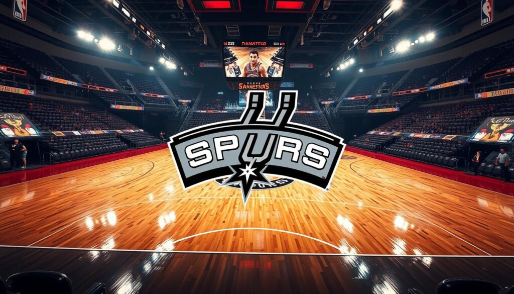 A grand, majestic basketball court, the hardwood gleaming under brilliant stadium lighting. In the foreground, the iconic Spurs logo shines, surrounded by the storied jerseys of their dynasty - Duncan, Parker, Ginobili, and others, each number a testament to their championship pedigree. The middle ground features the team in action, their signature defensive intensity and precise ball movement on full display. In the background, the San Antonio skyline rises, a testament to the city's unwavering support for their beloved team. The scene exudes a sense of pride, determination, and the relentless pursuit of excellence that has defined the Spurs' two-decade dominance.