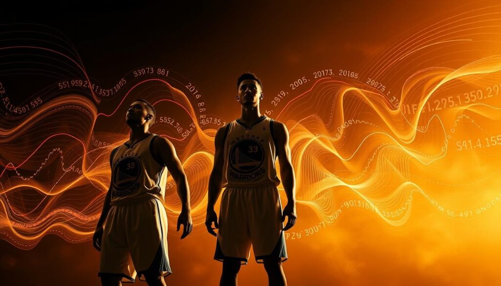 A dramatic, high-contrast image showcasing the statistics and dominance of the "Warriors Three-Point Revolution" in the NBA. In the foreground, a trio of sharpshooting basketball players stand tall, their bodies illuminated by a warm, focused light that highlights their skill and determination. Behind them, a backdrop of swirling, ethereal data visualizations - lines, curves, and numeric values that convey the staggering three-point shooting prowess of this legendary team. The composition is balanced, with a sense of movement and energy that captures the relentless, record-breaking performance of these players. The overall atmosphere is one of awe-inspiring statistical mastery, a testament to the unparalleled greatness of this singular team's single-season performance.