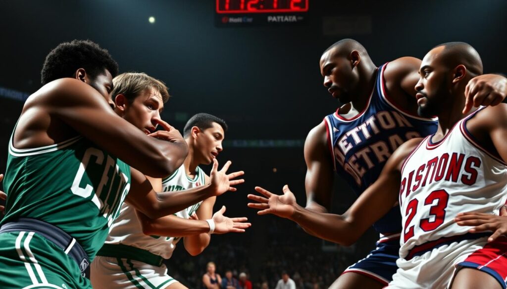 A historic clash between the Boston Celtics and Detroit Pistons, two defensive powerhouses from different eras. In the foreground, players from both teams collide with intensity, their faces etched with determination. The middle ground showcases the teams' contrasting jerseys and styles, a visual metaphor for their longstanding rivalry. In the background, a dimly lit arena sets the stage, the lighting casting dramatic shadows that heighten the tension. The scene conveys the grit, physicality, and strategic battle that defined these iconic matchups, a testament to the defensive excellence that characterized the "Walls of Steel" era of the NBA.