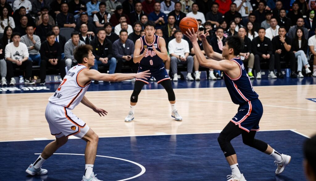A basketball court in action, featuring a dynamic slot-to-slot swing motion. In the foreground, a player in a professional basketball uniform displays excellent form as they make a precise pass to a teammate. The middle layer highlights another player poised to catch the ball, demonstrating alertness and readiness. The background includes a crowd of enthusiastic spectators, giving a sense of excitement and urgency. The lighting is bright and focused on the court, accentuating the players’ movements, with shadows creating depth. The angle captures the players from a slightly elevated perspective, enhancing the action-oriented atmosphere. The overall mood is energetic and competitive, showcasing the strategy behind advantage creation in basketball.
