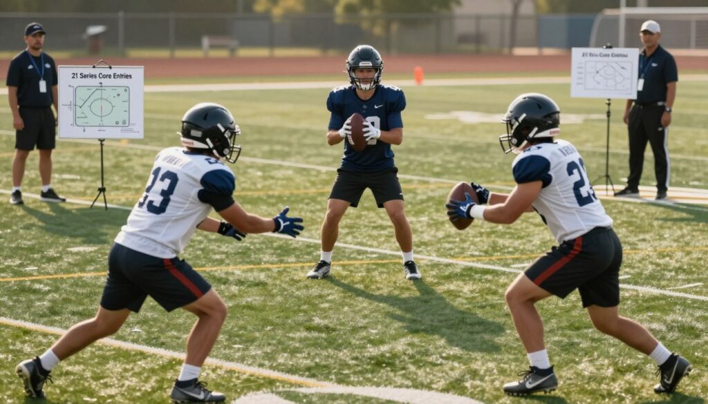 A detailed illustration of a football field during a practice session, focusing on a group of four players in professional athletic attire, demonstrating the "21 Series Core Entries". In the foreground, depict two players executing a pitch ahead handoff with dynamic motion captured, while in the middle ground, a player is preparing for a handoff. The background reveals a coaching staff observing on the sideline, with diagrams of play strategies visible on a clipboard. The scene is illuminated by soft, natural daylight with a hint of golden hour warmth, creating an energetic yet focused atmosphere. The angle is slightly elevated to capture the depth of the field and the players' movements, conveying the tactical importance of these core entries. A detailed illustration of a football field during a practice session, focusing on a group of four players in professional athletic attire, demonstrating the "21 Series Core Entries". In the foreground, depict two players executing a pitch ahead handoff with dynamic motion captured, while in the middle ground, a player is preparing for a handoff. The background reveals a coaching staff observing on the sideline, with diagrams of play strategies visible on a clipboard. The scene is illuminated by soft, natural daylight with a hint of golden hour warmth, creating an energetic yet focused atmosphere. The angle is slightly elevated to capture the depth of the field and the players' movements, conveying the tactical importance of these core entries.