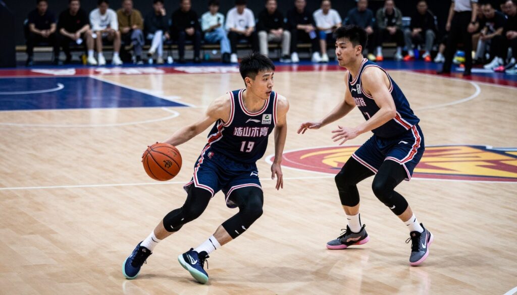 A dynamic basketball court scene depicting two players in the midst of a strategic play. In the foreground, a ball-handler in professional athletic wear executes a 45 cut, showcasing their explosive movement and focused expression. Opposing them, a help defender in modest sports attire is positioned to either block or assist, demonstrating readiness. In the middle ground, a vibrant basketball court with well-defined lines and a clearly visible three-point arc sets the context. The background features blurred spectators, adding to the intensity of the moment. The scene is illuminated with bright overhead lights, highlighting the athletes' movements and casting dynamic shadows. The composition, shot from a low angle, emphasizes the action and heightens the emotional energy of the game, capturing the essence of timing and positioning in basketball strategy.