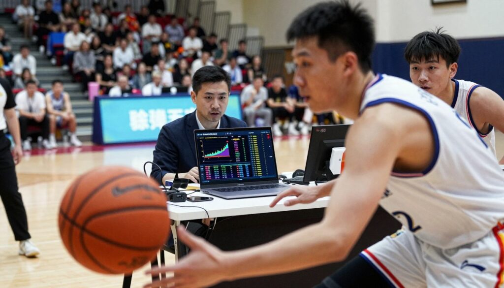 A dynamic basketball court scene illustrating "paint touches analysis," featuring a close-up view of a basketball player in a professional jersey executing a drive to the basket, with defenders positioned to create a sense of urgency. In the foreground, a basketball with a visible trajectory is in focus, while the player and defenders blur slightly to emphasize movement. In the middle ground, an analyst at a scorers’ table analyzes data on a laptop, with colorful graphs and charts displayed prominently on the screen. The background is a well-lit gym with fans in the stands, creating an energetic atmosphere. Soft, natural lighting enhances the scene, capturing the action and analysis of game strategy. The overall mood is vibrant, showcasing the intensity of basketball analytics.