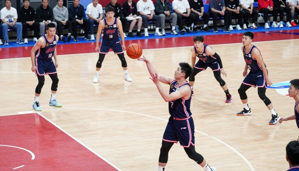 A dynamic basketball scene showcasing early offensive reads. In the foreground, a player in a professional basketball jersey initiates a no-dribble swing pass, demonstrating confident body language and strategic awareness. In the middle ground, multiple players are positioned strategically, one ready to receive a pass at the three-point line while another is poised for a quick paint touch, all showcasing teamwork and agility. The background features a vibrant basketball court with spectators, enhancing the action-packed atmosphere. Use a slightly elevated camera angle to capture the full breadth of the play, with soft, natural lighting to emphasize the players' expressions and movements. The overall mood is energetic, focused, and motivating, highlighting strategic playmaking in basketball.