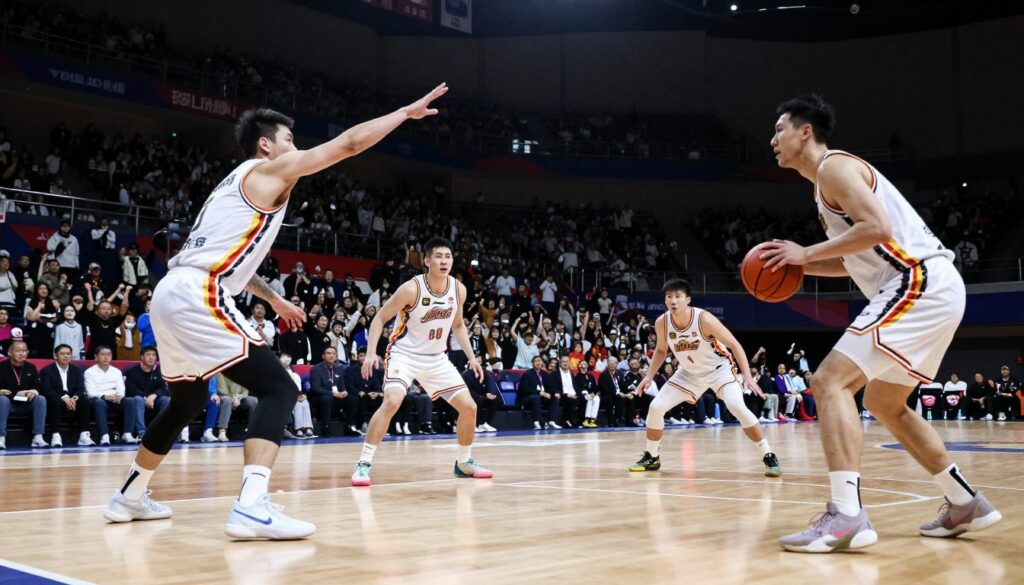 A dynamic scene showcasing a basketball court during a strategic play. In the foreground, a skilled player in a professional sports jersey demonstrates a sharp pistol action, poised to make a quick decision. The player is positioned mid-dribble, eyes focused on an opposing team member, showcasing tension in their posture. In the middle ground, two defenders are depicted in a defensive stance, ready for a switch, while a teammate in a complementary jersey prepares for a slip or seal strategy in response to their movement. The background portrays a packed arena with cheering fans, under bright arena lights that cast an energetic glow over the court. The atmosphere is intense and strategic, highlighting the split-second decision-making inherent in basketball gameplay. The angle captures the action from a slightly elevated perspective, offering a comprehensive view of the court dynamics. A dynamic scene showcasing a basketball court during a strategic play. In the foreground, a skilled player in a professional sports jersey demonstrates a sharp pistol action, poised to make a quick decision. The player is positioned mid-dribble, eyes focused on an opposing team member, showcasing tension in their posture. In the middle ground, two defenders are depicted in a defensive stance, ready for a switch, while a teammate in a complementary jersey prepares for a slip or seal strategy in response to their movement. The background portrays a packed arena with cheering fans, under bright arena lights that cast an energetic glow over the court. The atmosphere is intense and strategic, highlighting the split-second decision-making inherent in basketball gameplay. The angle captures the action from a slightly elevated perspective, offering a comprehensive view of the court dynamics.