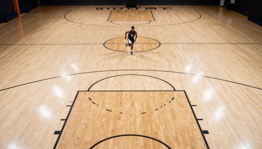 A spacious basketball court viewed from a high angle, showcasing wide lanes designed for optimal spacing. In the foreground, there are neatly painted markings outlining the key areas, emphasizing wide corners and the trail slot. The middle section features a player in professional athletic attire executing a rim run, demonstrating perfect lane running technique. The background reveals a bright gymnasium with strategically positioned lighting that casts dynamic shadows, enhancing the depth of the court. An atmosphere of intense focus and strategic play prevails, emphasizing the balance between defense and offense in basketball. The composition should highlight the contrasting areas of the court, illustrating the 5-out pitch-ahead principles clearly without any text or distractions.