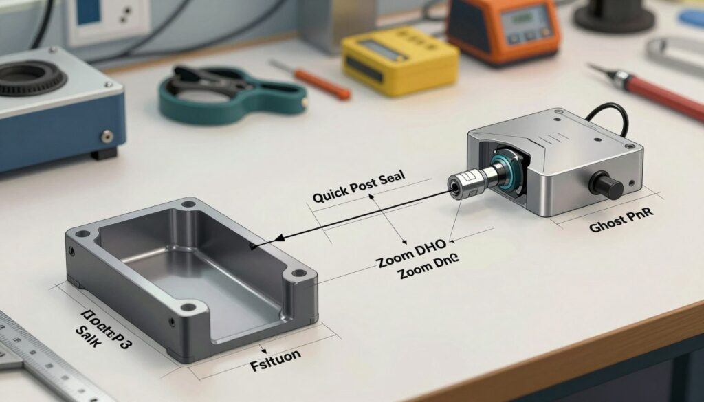 A technical illustration of slot cut integration, featuring a detailed schematic of a slot cut transitioning into a Quick Post Seal, followed by a Zoom DHO connection, and culminating in a Ghost PnR system. In the foreground, clearly depict the slot cut, showcasing precise angles and dimensions with measuring tools. The middle ground should represent the seamless integration of components, emphasizing craftsmanship with well-defined lines and connections. The background should illustrate a professional workshop setting, with soft, ambient lighting to highlight the tools and materials, creating a focused and organized atmosphere. Capture the scene from a slightly elevated angle to ensure clarity of all elements, invoking a sense of innovation and technical expertise.