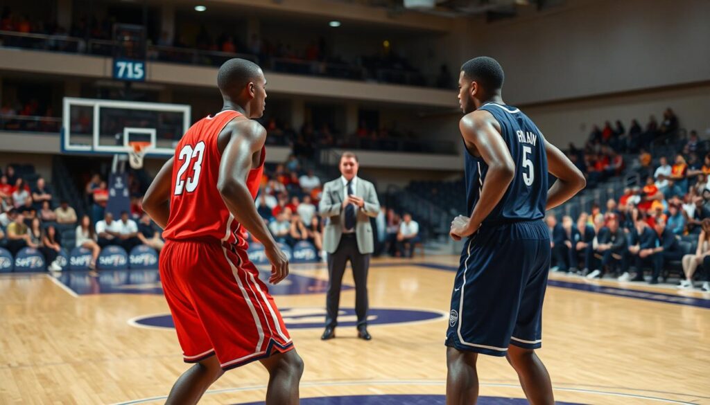 A basketball court during a game scenario, featuring a defensive positioning drill called "drop to touch." In the foreground, two basketball players in professional sports uniforms are executing the drill: one player is defending an opposing player, while the other is positioned in a drop coverage stance, ready to respond. The middle ground shows a coach giving instructions, passionately gesturing with a clipboard in hand. In the background, the hardwood court is clearly delineated with three-point lines and painted key areas, while a crowd of fans and team benches can be subtly seen in the bleachers. The lighting is bright and focused on the court, capturing the intensity of the moment, resembling a medium-angle shot to convey action and focus on player dynamics. The atmosphere is energetic and competitive, reflecting a typical basketball game environment. A basketball court during a game scenario, featuring a defensive positioning drill called "drop to touch." In the foreground, two basketball players in professional sports uniforms are executing the drill: one player is defending an opposing player, while the other is positioned in a drop coverage stance, ready to respond. The middle ground shows a coach giving instructions, passionately gesturing with a clipboard in hand. In the background, the hardwood court is clearly delineated with three-point lines and painted key areas, while a crowd of fans and team benches can be subtly seen in the bleachers. The lighting is bright and focused on the court, capturing the intensity of the moment, resembling a medium-angle shot to convey action and focus on player dynamics. The atmosphere is energetic and competitive, reflecting a typical basketball game environment.