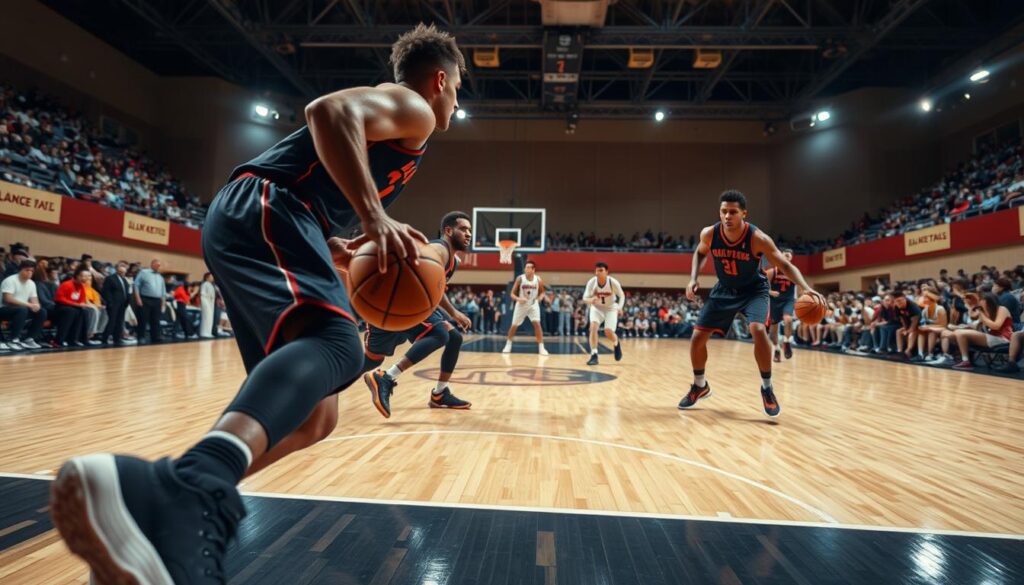A basketball court in a high-stakes game setting, featuring a close-up view of a player executing a delay action basketball counter. In the foreground, emphasize the dynamic posture of a male player in professional athletic wear, dribbling the ball with focus and precision. The middle ground shows teammates in synchronized motion, setting screens and creating space, with expressions of determination and readiness. The background includes a crowded gym with fans, creating an electric atmosphere. The lighting is bright, reflecting the intensity of the game, as overhead lights cast dramatic shadows on the hardwood floor. Use a slightly low-angle perspective to enhance the action while capturing the strategic environment of the basketball play. A basketball court in a high-stakes game setting, featuring a close-up view of a player executing a delay action basketball counter. In the foreground, emphasize the dynamic posture of a male player in professional athletic wear, dribbling the ball with focus and precision. The middle ground shows teammates in synchronized motion, setting screens and creating space, with expressions of determination and readiness. The background includes a crowded gym with fans, creating an electric atmosphere. The lighting is bright, reflecting the intensity of the game, as overhead lights cast dramatic shadows on the hardwood floor. Use a slightly low-angle perspective to enhance the action while capturing the strategic environment of the basketball play.