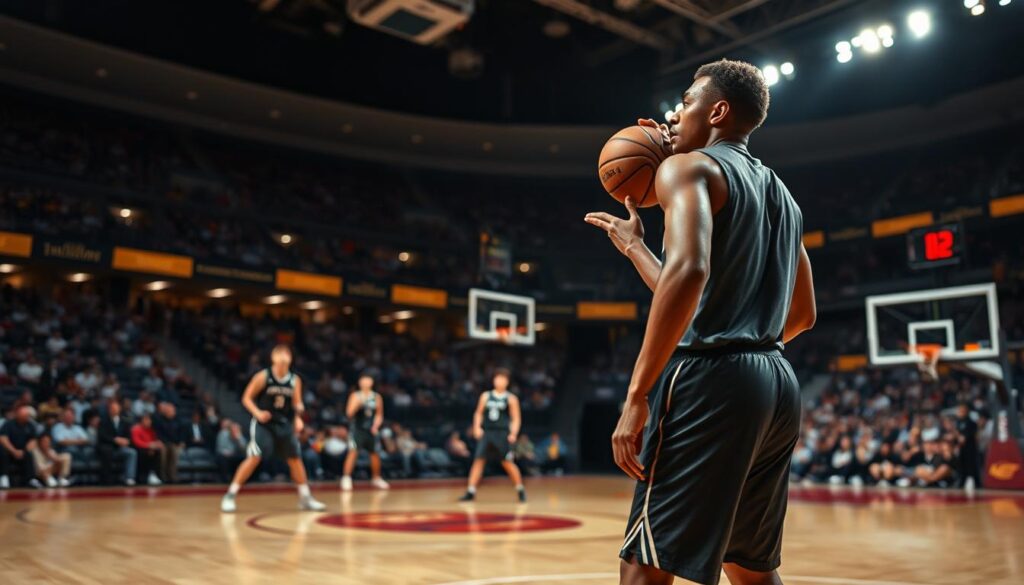 A basketball court in action, capturing the moment of a player executing a “shake lift” technique just beyond the three-point line. In the foreground, a focused athlete in a sleek, professional uniform is elegantly poised, preparing to shoot. The ball is at their fingertips, showcasing dynamic movement. In the middle ground, teammates are executing various plays: one cutting towards the basket in a 45-degree angle, while another is drifting near the sideline for a potential three-point shot. The background features an illuminated arena, with spectators blurred to emphasize the intense atmosphere and the athlete’s concentration. The lighting is dramatic, with spotlights highlighting the key players, creating a dynamic and energetic feel in the image.