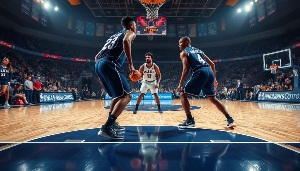 A basketball court scene focusing on the concept of "backside defense low-man tag." In the foreground, a player in a professional basketball uniform, actively engaging in defensive positioning, showcases a low stance while preparing to tag an offensive player. The middle ground features two other defenders coordinating their coverage, their expressions serious and focused. The background reveals the vibrant audience and NBA-style branding, emphasizing the intensity of the match. Soft lighting illuminates the court, creating dynamic shadows that highlight the players' movements. The atmosphere is charged with anticipation, capturing the strategic depth of basketball defense. The camera angle is low and slightly tilted, emphasizing the action and urgency of the moment.
