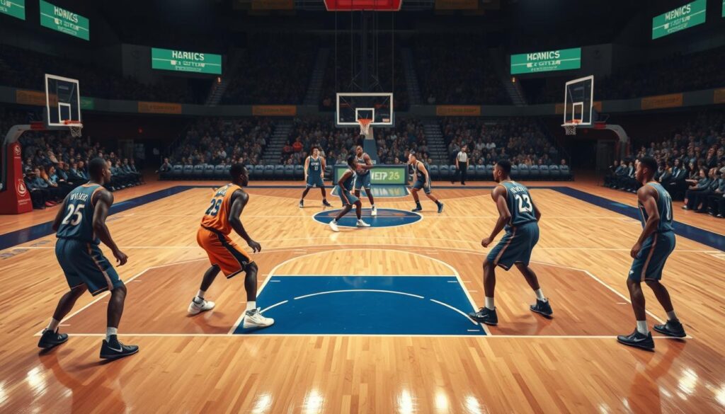 A basketball court scene illustrating "corner coverage zone defense x-out rotation" in a 2-3 zone system. In the foreground, two players in professional basketball uniforms are positioned in the corners, demonstrating proper footwork and defensive stance. In the middle ground, three additional players are executing the x-out rotation, with one player closely guarding an opposing player approaching the corner. The court is richly detailed, with polished hardwood floors and bright court markings. The background features a full audience in digital style, with dynamic lighting that highlights the players and the action. The mood is intense and focused, capturing the strategic complexity of modern defensive basketball. The angle of the shot is at a slightly elevated view, providing a comprehensive perspective of the defensive setup without any text or distractions. A basketball court scene illustrating "corner coverage zone defense x-out rotation" in a 2-3 zone system. In the foreground, two players in professional basketball uniforms are positioned in the corners, demonstrating proper footwork and defensive stance. In the middle ground, three additional players are executing the x-out rotation, with one player closely guarding an opposing player approaching the corner. The court is richly detailed, with polished hardwood floors and bright court markings. The background features a full audience in digital style, with dynamic lighting that highlights the players and the action. The mood is intense and focused, capturing the strategic complexity of modern defensive basketball. The angle of the shot is at a slightly elevated view, providing a comprehensive perspective of the defensive setup without any text or distractions.