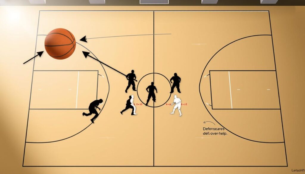 A detailed basketball scouting lob pass diagram illustrating key strategies in a short-roll playmaking scenario. In the foreground, clearly defined arrows and lines indicate the trajectory of the ball during a lob pass, with highlighted player positions. In the middle ground, schematic silhouettes of offensive players in a 4-on-3 configuration, showcasing optimal spacing and movement against defensive traps. The background features a stylized basketball court outline, with marked zones indicating areas where defenses typically over-help. The lighting is bright and professional, emphasizing clarity and focus on the diagram's elements. The overall mood is analytical and instructional, perfect for a tactical discussion. A detailed basketball scouting lob pass diagram illustrating key strategies in a short-roll playmaking scenario. In the foreground, clearly defined arrows and lines indicate the trajectory of the ball during a lob pass, with highlighted player positions. In the middle ground, schematic silhouettes of offensive players in a 4-on-3 configuration, showcasing optimal spacing and movement against defensive traps. The background features a stylized basketball court outline, with marked zones indicating areas where defenses typically over-help. The lighting is bright and professional, emphasizing clarity and focus on the diagram's elements. The overall mood is analytical and instructional, perfect for a tactical discussion.