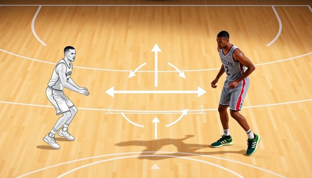 A detailed instruction diagram illustrating the veer switch footwork technique in basketball. In the foreground, a professional basketball player in a jersey and shorts executes a veer switch maneuver, displaying precise foot placement and body positioning. The middle layer shows arrows indicating movement patterns of the handler and roller, highlighting the switch and drive mechanics. The background features a basketball court with marked lines, creating a realistic setting. Use bright, natural lighting to emphasize the dynamic action, with a slight tilt angle to give a sense of motion. The atmosphere is focused and analytical, reflecting the technical nature of basketball techniques. No text or annotations are included. A detailed instruction diagram illustrating the veer switch footwork technique in basketball. In the foreground, a professional basketball player in a jersey and shorts executes a veer switch maneuver, displaying precise foot placement and body positioning. The middle layer shows arrows indicating movement patterns of the handler and roller, highlighting the switch and drive mechanics. The background features a basketball court with marked lines, creating a realistic setting. Use bright, natural lighting to emphasize the dynamic action, with a slight tilt angle to give a sense of motion. The atmosphere is focused and analytical, reflecting the technical nature of basketball techniques. No text or annotations are included.