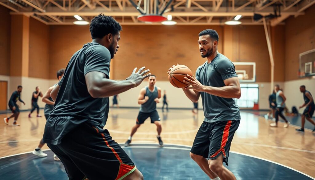 A dynamic basketball drill scene featuring a "stunt-and-peel" exercise on a well-lit indoor court. In the foreground, two athletes in professional athletic wear perform a close-up move, one faking a drive while the other prepares to peel away for defense. In the middle ground, a third player executes a boxout maneuver, showcasing strategic teamwork. The background captures a lively practice environment with other players engaged in various drills, emphasizing focus and movement. The lighting is bright and high-contrast, accentuating the action and intensity. The atmosphere conveys concentration and determination, making it clear that this is a professional training session aimed at improving late-switch defensive skills in basketball. The lens captures a wide-angle view to include the full scope of the drill. A dynamic basketball drill scene featuring a "stunt-and-peel" exercise on a well-lit indoor court. In the foreground, two athletes in professional athletic wear perform a close-up move, one faking a drive while the other prepares to peel away for defense. In the middle ground, a third player executes a boxout maneuver, showcasing strategic teamwork. The background captures a lively practice environment with other players engaged in various drills, emphasizing focus and movement. The lighting is bright and high-contrast, accentuating the action and intensity. The atmosphere conveys concentration and determination, making it clear that this is a professional training session aimed at improving late-switch defensive skills in basketball. The lens captures a wide-angle view to include the full scope of the drill.