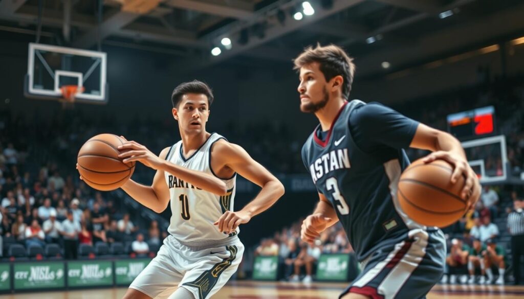 A dynamic basketball scene illustrating an "x-out" counter defense. In the foreground, two players engage in a peel switch, one in a crisp white jersey and the other in deep navy. The moving player with the ball is poised to execute a skip pass, a serious look on his face, emphasizing the strategic tension. The background features a crowded basketball court under bright floodlights, with cheering fans blurred for intensity. The angle is slightly elevated, showcasing the court lines and the defensive dynamics at play. The atmosphere is electric, filled with anticipation and competitive spirit, reflecting the high stakes of this defensive maneuver. The image is sharp, well-lit, capturing the essence of teamwork and strategy in basketball.
