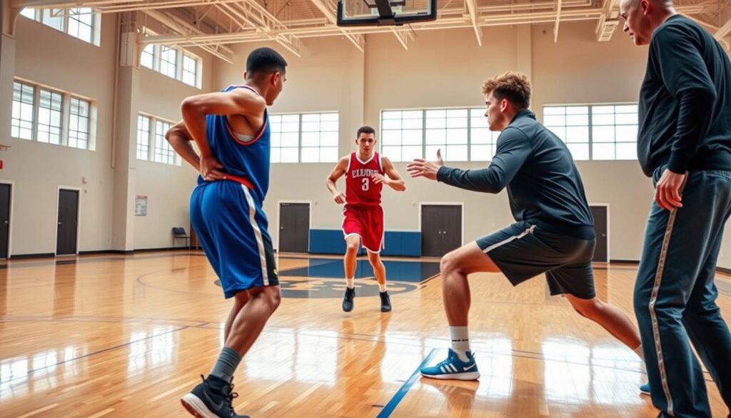 A dynamic basketball scene illustrating common defensive mistakes and their quick fixes on the court. In the foreground, a player in a blue jersey is seen making a poor defensive stance, leaning too far back. Beside them, a coach in a black sports jacket gestures towards proper alignment and foot positioning. In the middle ground, another player in red attempts to drive past the defender, showcasing an aggressive offensive move. The background features a bright gym with polished hardwood floors and high windows, allowing natural light to flood the scene. The atmosphere is tense and focused, capturing the urgency and intensity of the game. Use a wide-angle lens to emphasize the action, ensuring a clear view of both mistakes and corrections. A dynamic basketball scene illustrating common defensive mistakes and their quick fixes on the court. In the foreground, a player in a blue jersey is seen making a poor defensive stance, leaning too far back. Beside them, a coach in a black sports jacket gestures towards proper alignment and foot positioning. In the middle ground, another player in red attempts to drive past the defender, showcasing an aggressive offensive move. The background features a bright gym with polished hardwood floors and high windows, allowing natural light to flood the scene. The atmosphere is tense and focused, capturing the urgency and intensity of the game. Use a wide-angle lens to emphasize the action, ensuring a clear view of both mistakes and corrections.