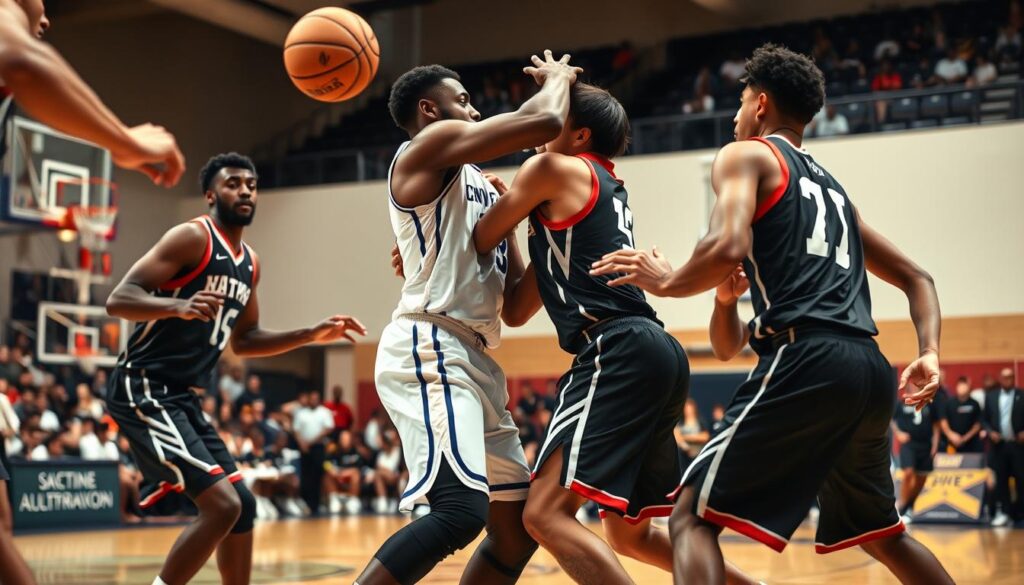 A dynamic basketball scene illustrating the bump technique in zone defense rebounding. In the foreground, players in professional athletic attire engage in a physical battle for position; one player is boxing out an opponent by using his body while a teammate prepares for a potential rebound. The middle ground features a partially visible basketball court, showcasing a collective effort in coordination and strategy, with a focus on teamwork. The background captures an audience in a gym, adding to the intensity of the moment. The lighting is bright and focused on the players, with shadows adding depth, shot from a slightly elevated angle to emphasize the action. The atmosphere conveys tension and competitive spirit, highlighting a critical moment in zone defense and rebounding techniques. A dynamic basketball scene illustrating the bump technique in zone defense rebounding. In the foreground, players in professional athletic attire engage in a physical battle for position; one player is boxing out an opponent by using his body while a teammate prepares for a potential rebound. The middle ground features a partially visible basketball court, showcasing a collective effort in coordination and strategy, with a focus on teamwork. The background captures an audience in a gym, adding to the intensity of the moment. The lighting is bright and focused on the players, with shadows adding depth, shot from a slightly elevated angle to emphasize the action. The atmosphere conveys tension and competitive spirit, highlighting a critical moment in zone defense and rebounding techniques.
