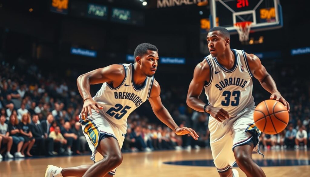 A dynamic basketball scene showcasing a late switch/peel defense during a pick-and-roll. In the foreground, an agile point guard in a professional basketball uniform is driving towards the basket, displaying intense determination. The middle ground features a powerful forward preparing to switch, positioning himself strategically to block the drive while maintaining an eye on the roller. The background reveals a well-lit basketball court, with spectators in the stands blurred to convey depth, capturing the intensity of the game. The scene is illuminated with dramatic lighting to highlight the players' muscles and movements, while a low-angle shot gives a sense of urgency and athleticism. The atmosphere is tense yet focused, reflecting teamwork and strategic execution in high-stakes play. A dynamic basketball scene showcasing a late switch/peel defense during a pick-and-roll. In the foreground, an agile point guard in a professional basketball uniform is driving towards the basket, displaying intense determination. The middle ground features a powerful forward preparing to switch, positioning himself strategically to block the drive while maintaining an eye on the roller. The background reveals a well-lit basketball court, with spectators in the stands blurred to convey depth, capturing the intensity of the game. The scene is illuminated with dramatic lighting to highlight the players' muscles and movements, while a low-angle shot gives a sense of urgency and athleticism. The atmosphere is tense yet focused, reflecting teamwork and strategic execution in high-stakes play.