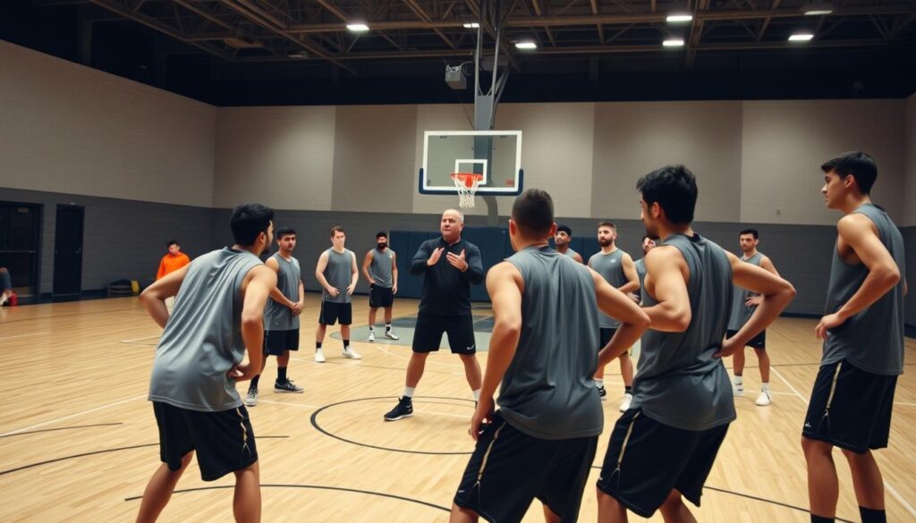 A basketball coach demonstrating a box-and-one defensive deny stance during practice inside a well-lit gymnasium. In the foreground, several players are arranged, with one prominently in a low defensive stance, arms extended, eyes focused, wearing modest athletic gear. The middle ground shows a coach gesturing, emphasizing communication and strategy, surrounded by attentive players wearing matching jerseys. In the background, basketball hoops and court markings create a dynamic sports environment. The lighting is bright and even, highlighting the intensity and focus of the training session. The atmosphere is energetic and collaborative, capturing the essence of teamwork in sports. A basketball coach demonstrating a box-and-one defensive deny stance during practice inside a well-lit gymnasium. In the foreground, several players are arranged, with one prominently in a low defensive stance, arms extended, eyes focused, wearing modest athletic gear. The middle ground shows a coach gesturing, emphasizing communication and strategy, surrounded by attentive players wearing matching jerseys. In the background, basketball hoops and court markings create a dynamic sports environment. The lighting is bright and even, highlighting the intensity and focus of the training session. The atmosphere is energetic and collaborative, capturing the essence of teamwork in sports.