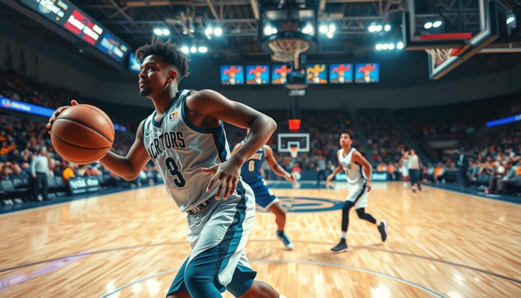 A dynamic basketball scene capturing the "ghost screen" action during a fast-paced game. In the foreground, an athlete in a modern basketball uniform executes a ghost screen, looking agile and strategic. In the middle ground, a second player is timing their cut to the basket, while defenders, dressed in contrasting jerseys, react to the movement. The background features a blurred basketball court, with vivid colors enhancing the energetic atmosphere. Bright overhead arena lights create dramatic shadows, emphasizing player movements. The angle is slightly low, capturing the intensity of the play and the emotional urgency of the moment. The overall mood is focused and athletic, showcasing the quick decision-making in basketball gameplay.